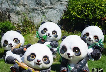 熊猫雕塑-酒店别墅摆放五只玩笋竹熊猫玻璃钢雕塑