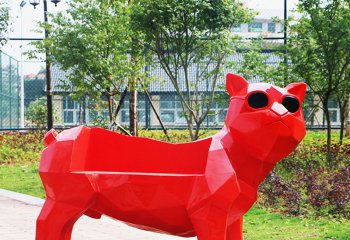 座椅雕塑-园林景区几何块面墨镜红色狗动物座椅摆件玻璃钢雕塑