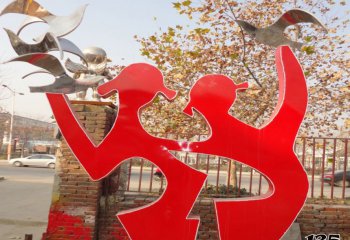 鸽子雕塑-公园创意红色抽象小女孩手托不锈钢鸽子雕塑