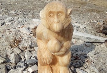 猴子雕塑-公园街道摆放的手拿桃子 的 蜡黄石石雕创意猴子雕塑