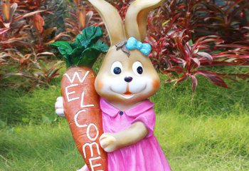 兔子雕塑-饭店一只抱着欢迎胡萝卜的玻璃钢兔子雕塑