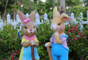 兔子雕塑-花园摆放两只忙碌的玻璃钢兔子雕塑