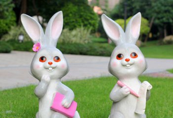 兔子雕塑-图书馆一对灰色玻璃钢兔子雕塑