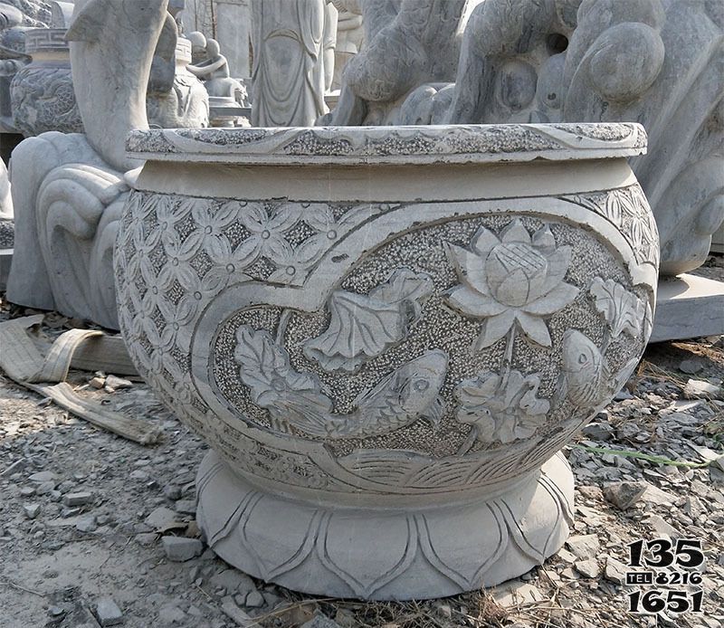缸雕塑-庭院仿古水缸景观-石雕荷花缸雕塑高清图片