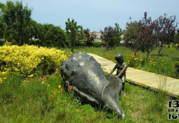 公园雕塑-户外花园小孩与海螺铜雕公园雕塑