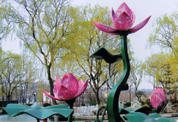 荷花雕塑-公园池塘不锈钢彩绘荷花雕塑