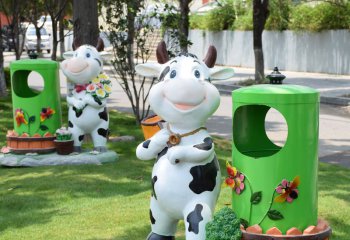 奶牛垃圾桶雕塑-游乐园幼儿园摆放奶牛卡通垃圾桶玻璃钢雕塑