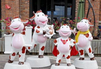 牛雕塑-商店门口四只微笑的玻璃钢牛雕塑