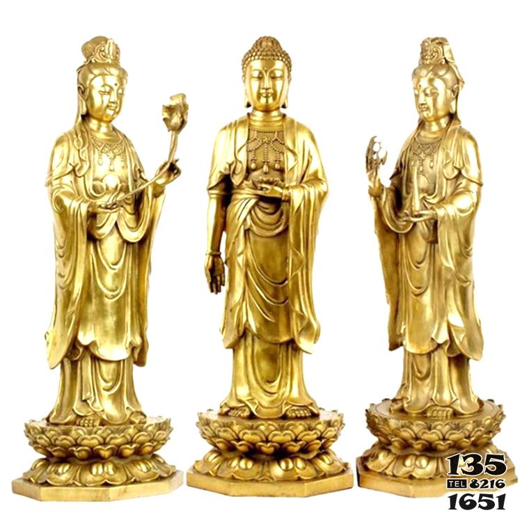 三圣雕塑-不锈钢鎏金家用供奉三圣雕塑高清图片
