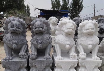 狮子雕塑-庭院门前摆放汉白玉浮雕狮子雕塑