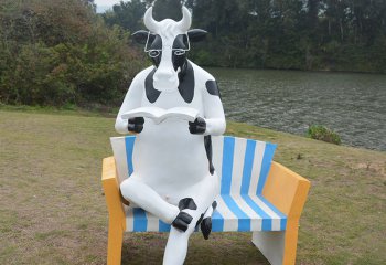 牛雕塑-公园一只看书奶牛坐靠椅玻璃钢牛雕塑