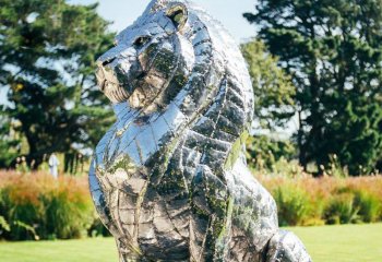 狮子雕塑-公园草坪大型户外园林景观不锈钢镜面狮子雕塑