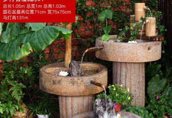 石槽雕塑-民宿庭院水循环石磨鱼缸花园户外石槽流水景观