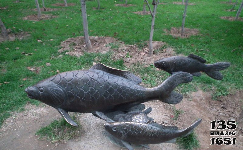 鲤鱼雕塑-公园摆放的一大两小的玻璃钢鲤鱼雕塑高清图片