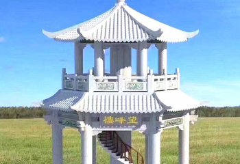 凉亭雕塑-汉白玉户外寺庙二层凉亭观景休息石雕