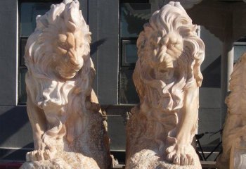 狮子雕塑-祠堂创意晚霞红石雕一对狮子雕塑