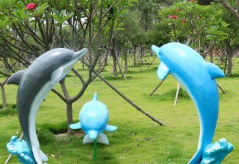 海豚雕塑-公园一家三口不锈钢海豚雕塑