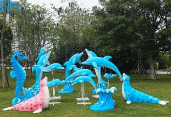 海豚雕塑-花园景区摆放一群蓝色跳跃的玻璃钢海豚雕塑