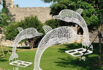 海豚雕塑-花园三只不锈钢镂空网格海豚雕塑