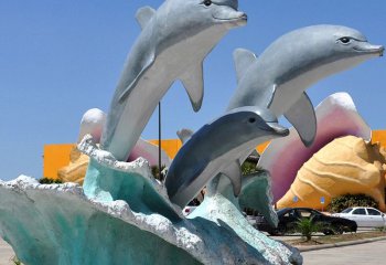 海豚雕塑-游乐场三只石雕海豚雕塑