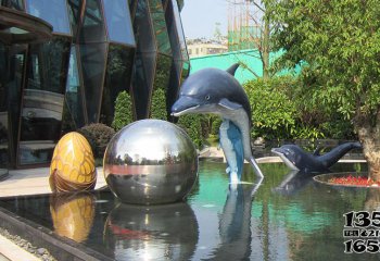 海豚雕塑-商厦水池中一大一小不锈钢海豚雕塑