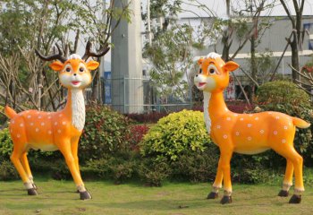 鹿雕塑-户外园林景区玻璃钢彩绘两只梅花鹿雕塑