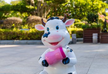 牛雕塑-景区一只抱着奶瓶的玻璃钢牛雕塑
