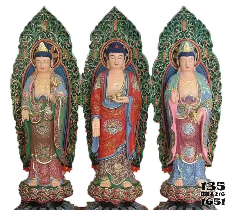 三圣雕塑-寺庙彩绘铸铜西方三圣雕塑高清图片