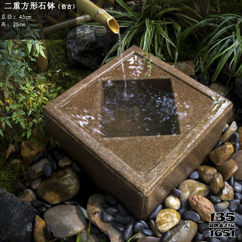 石槽雕塑-水缸造景摆件流水庭院景观日式二重方形石钵户外喷泉石槽鱼缸高清图片