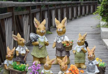 兔子雕塑-动物园一群工作的树脂彩绘兔子雕塑