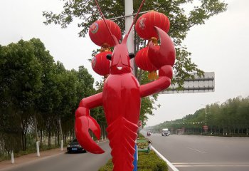 虾雕塑-街道边摆放的敬礼的玻璃钢虾雕塑