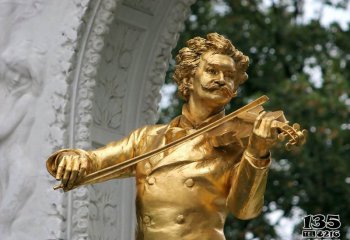 演奏小提琴雕塑-奥地利作曲家圆舞曲之王小约翰·施特劳斯鎏金玻璃钢仿铜雕塑
