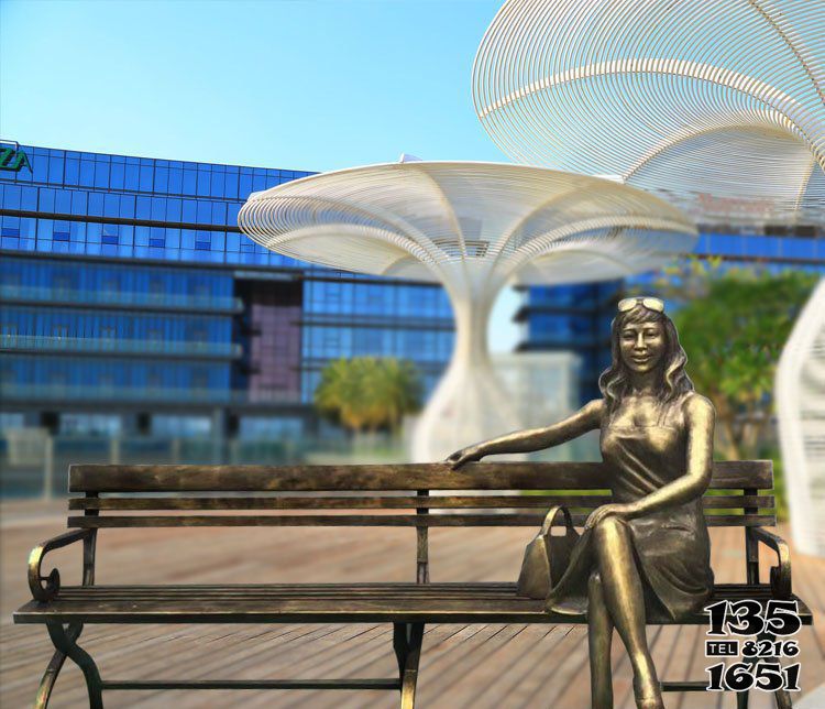 座椅雕塑-公园景观摆件坐在长椅上的女郎铜雕
