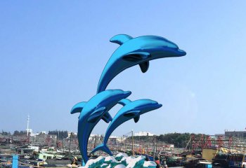 海豚雕塑-景区三只蓝色不锈钢海豚雕塑