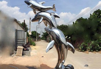 海豚雕塑-农场三只跳跃的不锈钢海豚雕塑