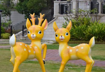 梅花鹿雕塑-幼儿园创意卡爱卡通两只黄色梅花鹿雕塑