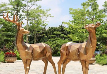 梅花鹿雕塑-公园不锈钢镜面几何喷漆梅花鹿雕塑