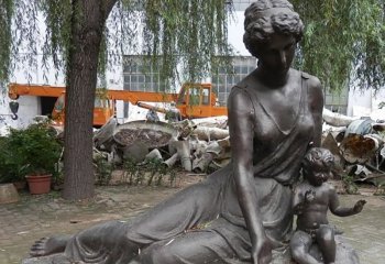 母子雕塑-玻璃钢仿铜坐着的母子雕塑