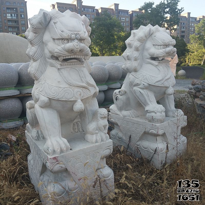 狮子雕塑-汉白玉石雕一对镇宅招财的狮子雕塑高清图片