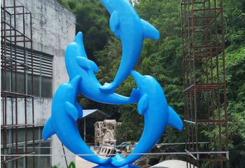 海豚雕塑-景区四只球上表演的蓝色不锈钢海豚雕塑