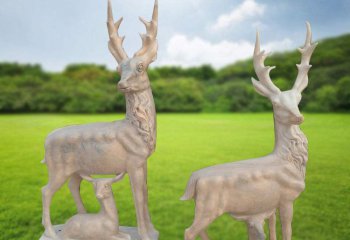 梅花鹿雕塑-公园景区晚霞红石雕两只梅花鹿雕塑