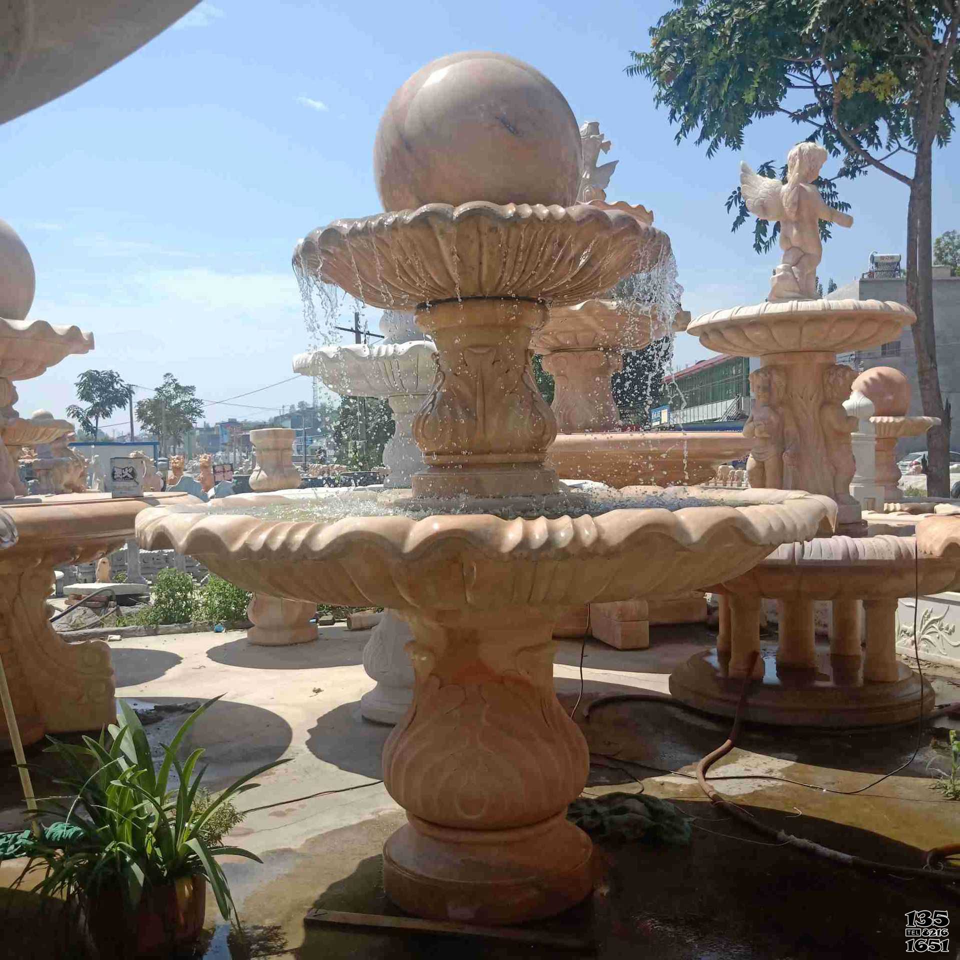 喷泉雕塑-晚霞红风水球企业工厂景观晚霞红石雕喷泉雕塑高清图片