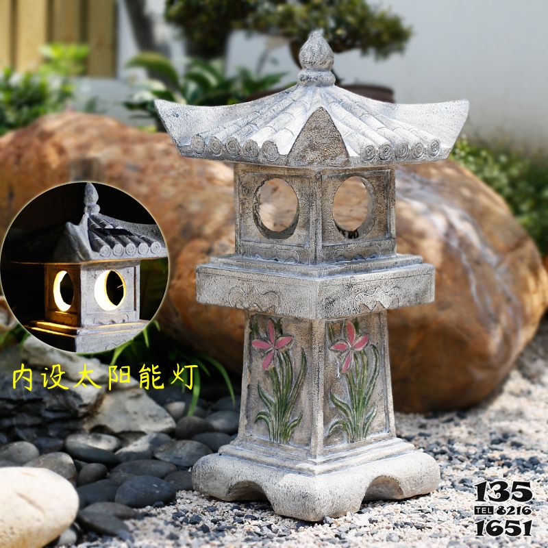 石灯雕塑-庭院摆件中式仿古太阳能石灯装饰地面灯塔夜灯高清图片