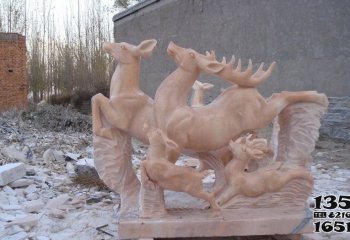 梅花鹿雕塑-户外园林创意晚霞红石雕浮雕梅花鹿雕塑