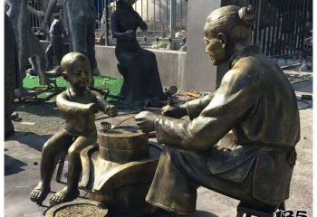 磨豆浆雕塑-民俗景区摆放母子磨豆浆玻璃钢仿铜雕塑