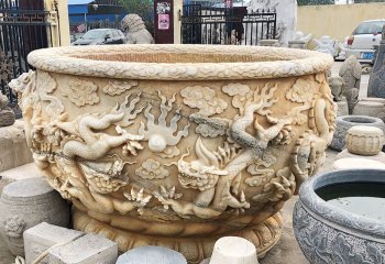 缸雕塑-庭院晚霞红石雕龙浮雕水缸雕塑