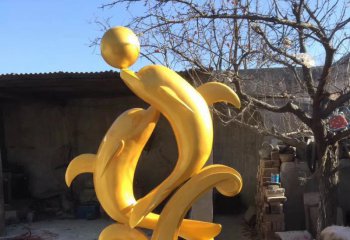 海豚雕塑-庭院两只黄色不锈钢海豚雕塑