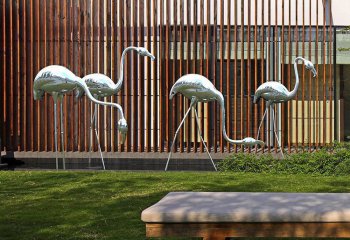火烈鸟雕塑-花园游玩的四只不锈钢火烈鸟雕塑