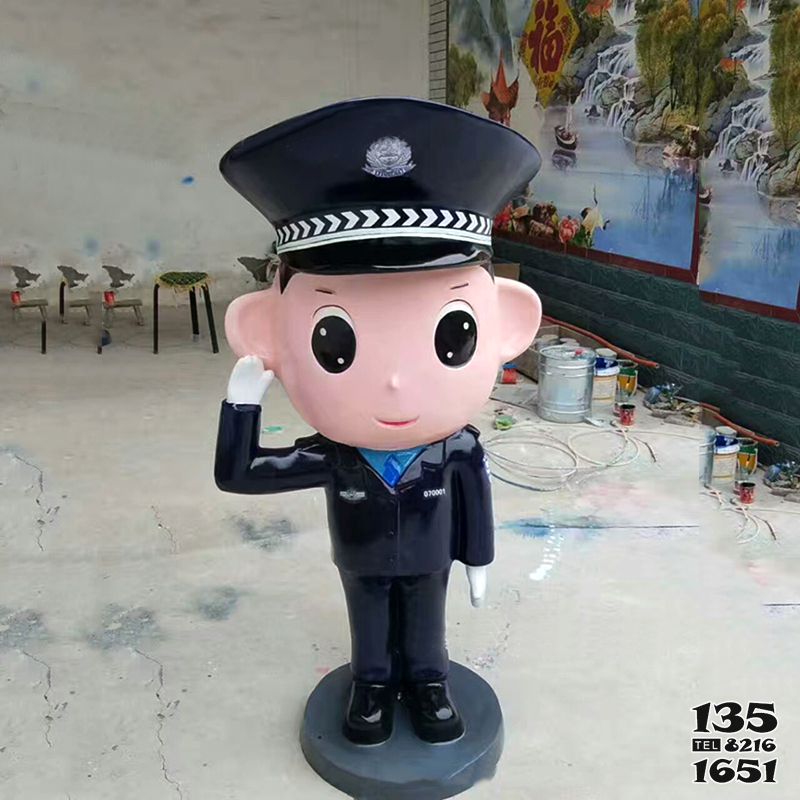 警察雕塑-景区玻璃钢创意童趣敬礼的男警察雕塑高清图片