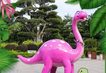 恐龙雕塑-公园卡通玻璃钢蛇颈龙粉色恐龙雕塑
